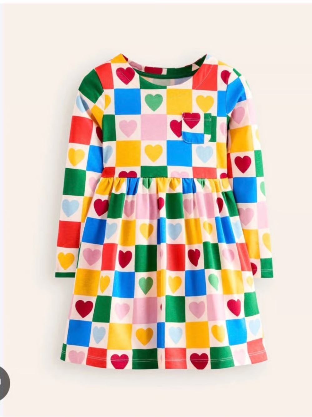 Mini Boden Bright Multi-Color Heart Block Long Sleeve Dress